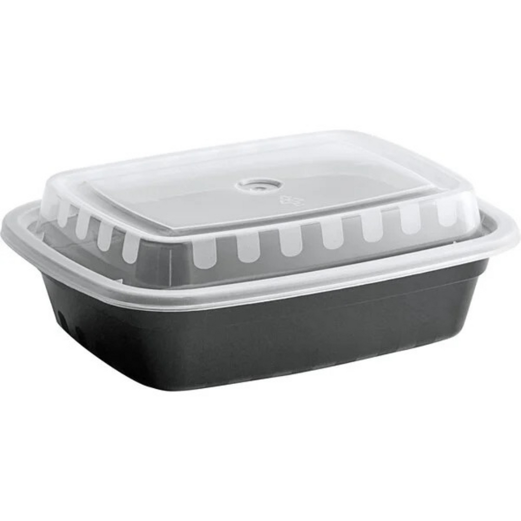 Choice 48 oz. Black Round Microwavable Heavy Weight Container with Lid 9 -  150/Case