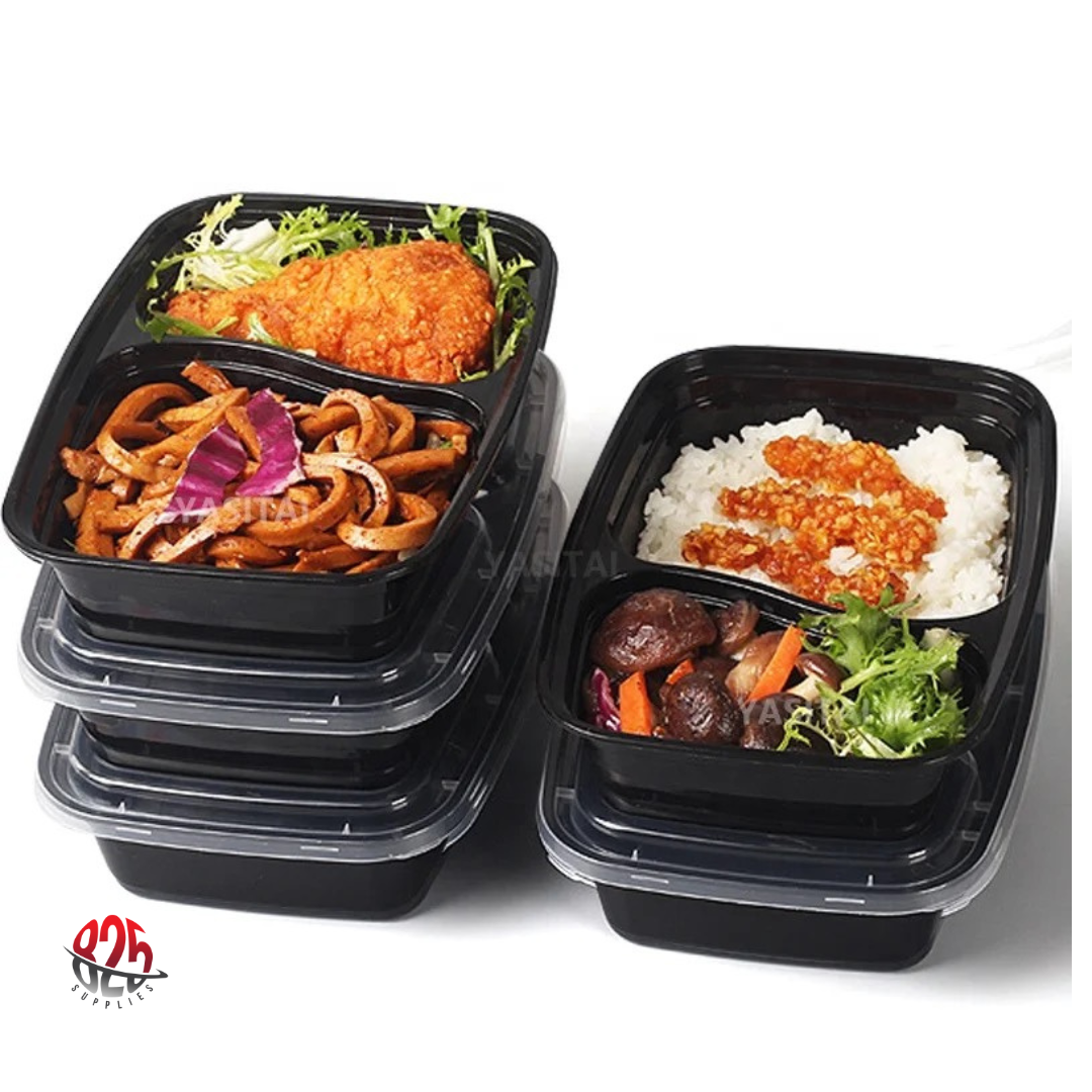 30 oz.  2-Compartment Rectangular Microwavable Heavy Weight Container with Lid