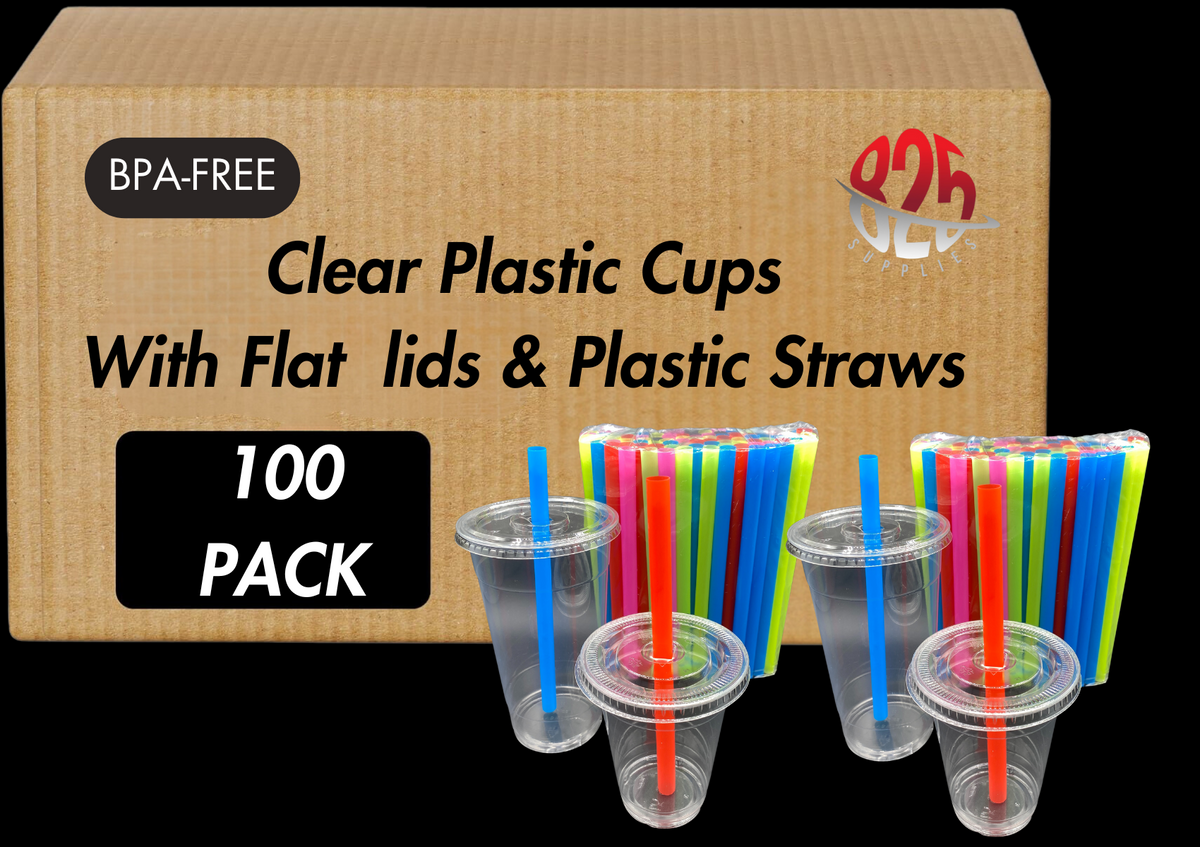 Cups with Flat Lids and Straws - Disposable Clear Plastic Cups for Smoothies, Iced Coffee, and Cold Drinks - 120Z, 14OZ, 25-50-100 Graduation