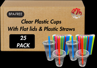 Disposable Clear Plastic Cups with Flat Lids and Straws Cup Smoothies, Disposable Cups for Iced Coffee, Smoothie, Milkshake, Cold Drinks