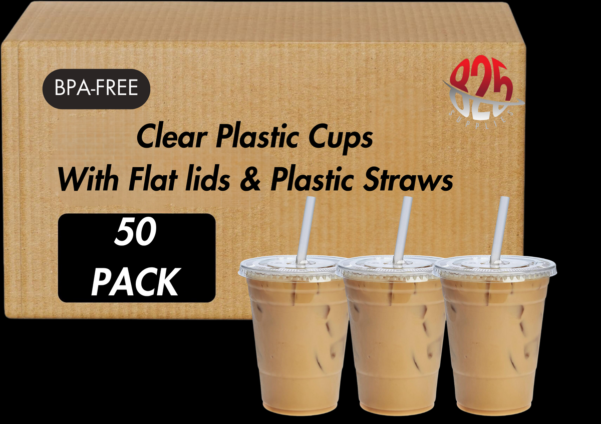 24 oz. Clear Plastic Cup with Flat Lid & Straw - 50/Pack