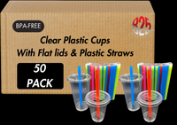 Cups with Flat Lids and Straws - Disposable Clear Plastic Cups for Smoothies, Iced Coffee, and Cold Drinks - 120Z, 14OZ, 25-50-100 Graduation