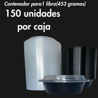 Contenedor Redondo Negro de 16 oz (1 lb, 453. gramos) , Apto para Microondas y Tapa,  - 150 unidades