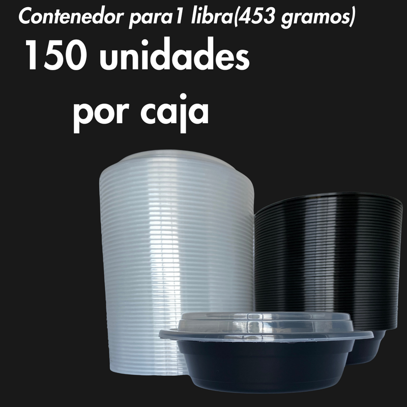 Contenedor Redondo Negro de 16 oz (1 lb, 453. gramos) , Apto para Microondas y Tapa,  - 150 unidades