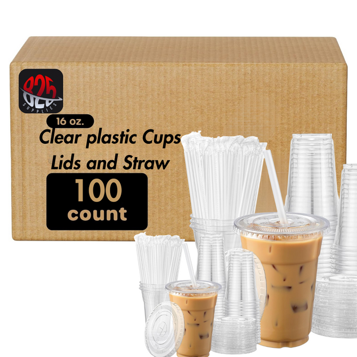 16 oz. Clear Plastic Cup with Flat Lid and Straw -