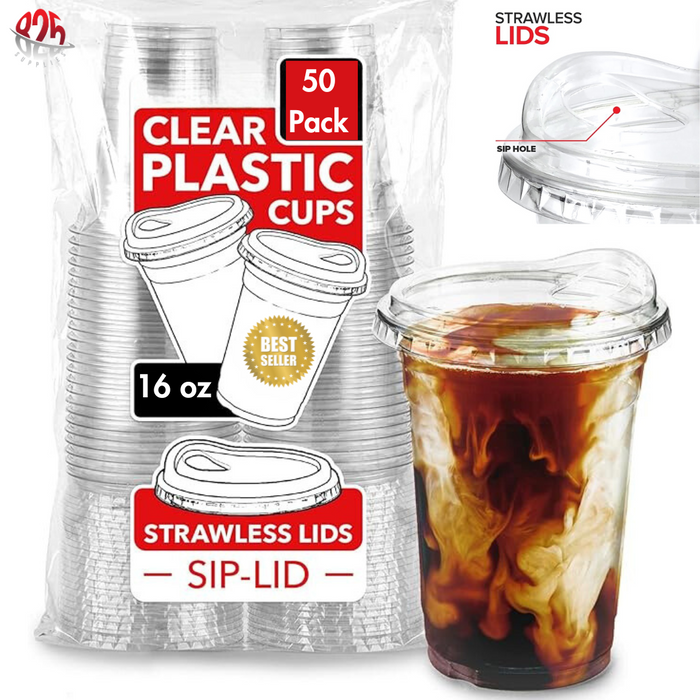 16 oz Clear Plastic Cups with Strawless-Sip-Lids, 50 Sets Disposable Cup Plastic Iced Coffee Cups, To Go Cup with Sip Through Lids for Smoothie, Milkshake, Cold Drinks for Party, Wedding, Event