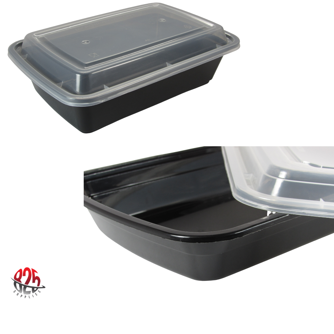 16 oz. Black  Rectangular Microwavable Heavy Weight Container with Lid  7"