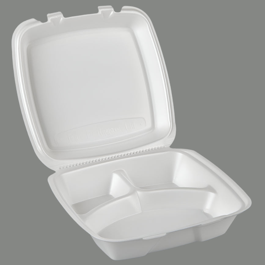 8"" x 8"" x 3"" White Foam Three-Compartment Square Take Out Container with Perforated Hinged Lid - 200/Case