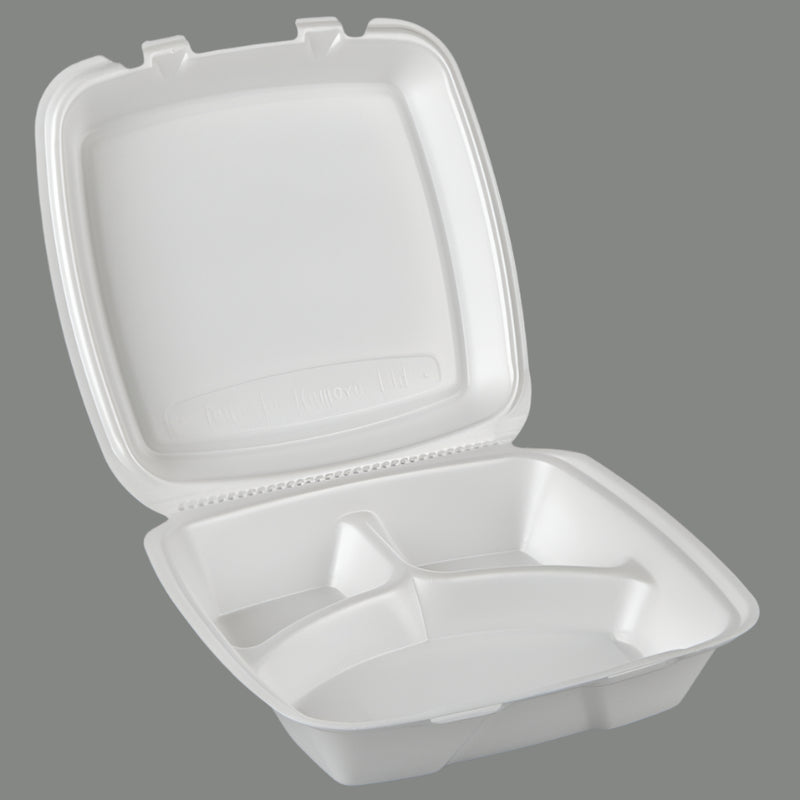 8"" x 8"" x 3"" White Foam Three-Compartment Square Take Out Container with Perforated Hinged Lid - 200/Case