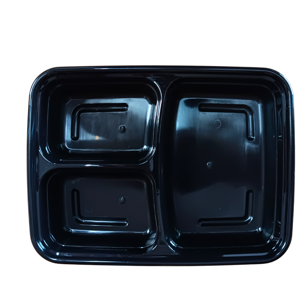 33 oz Rectangular Container 3 Compartments Black Base Clear Lid - 150/Case