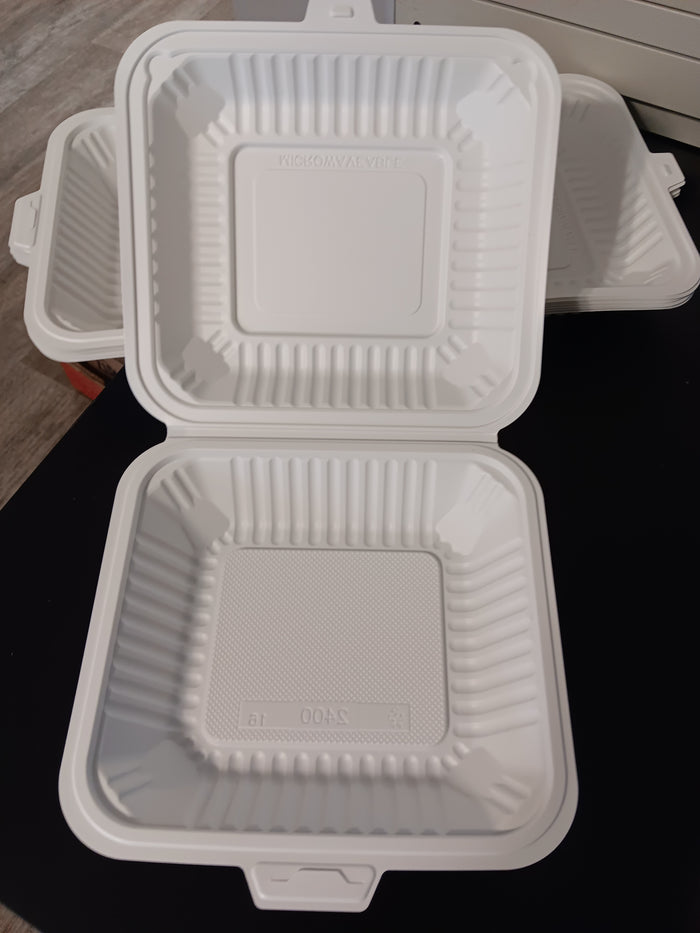 8" x 8" 1-Compartment Microwaveable White Mineral-Filled Plastic Hinged Take-Out Container - 150/Case