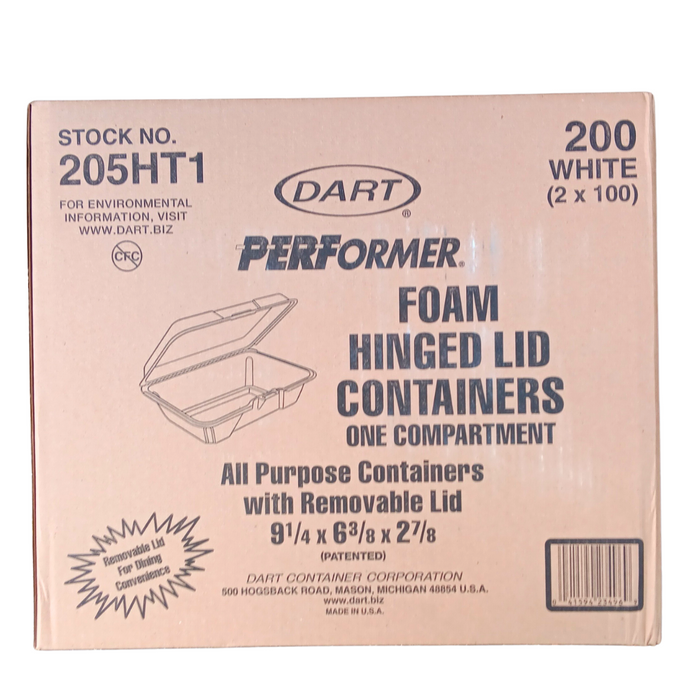Dart 205HT1 White Foam Take Out Container with Perforated Hinged Lid 9 x 6 x 3 - 200/Case