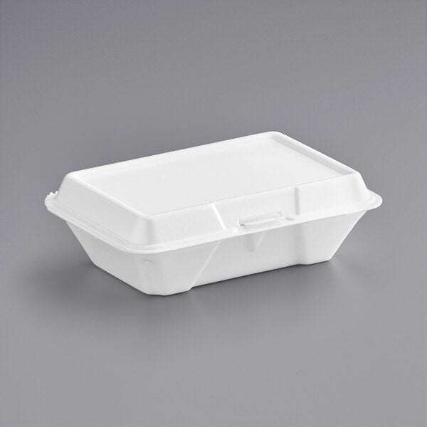 Dart 206HT1R 9" x 6" x 3" White Foam Shallow Rectangular Take Out Container with Perforated Hinged Lid - 200/Case