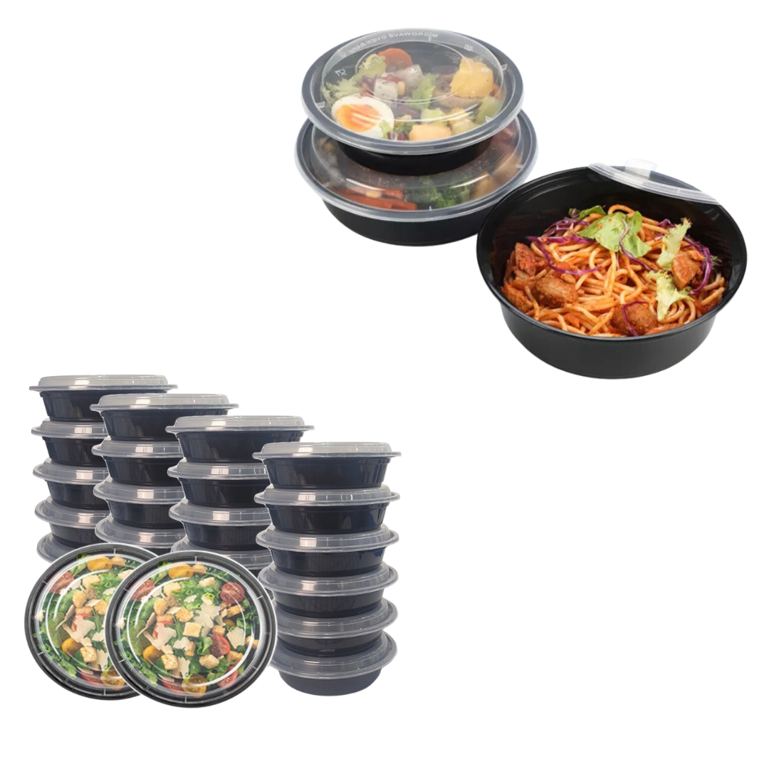 Round Black 24 oz. Microwavable Heavy Weight Container with Lid 7"
