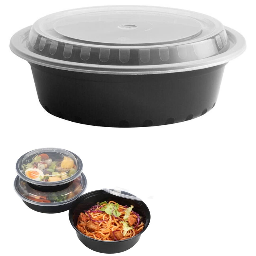Round Black 32 oz.    Microwavable Heavy Weight Container with Lid 7" 150/units
