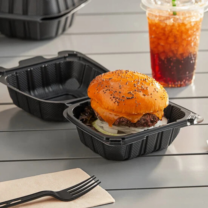 6 x 6 1-Compartment Microwaveable Black Mineral-Filled Plastic Hinged Take-Out Container