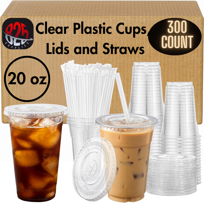 20oz PET Disposable Cups with Lids & Straws - 825 Supplies Combo Packs for Dirty Soda, Micheladas & Events