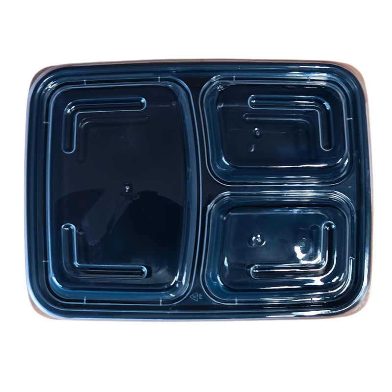 33 oz Rectangular Container 3 Compartments Black Base Clear Lid - 150/Case