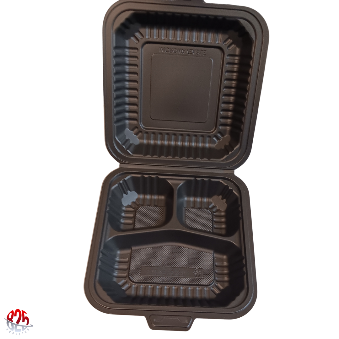 9 x 9 3-Compartment Microwaveable Black Mineral-Filled Plastic Take-Out Container - 150/Case