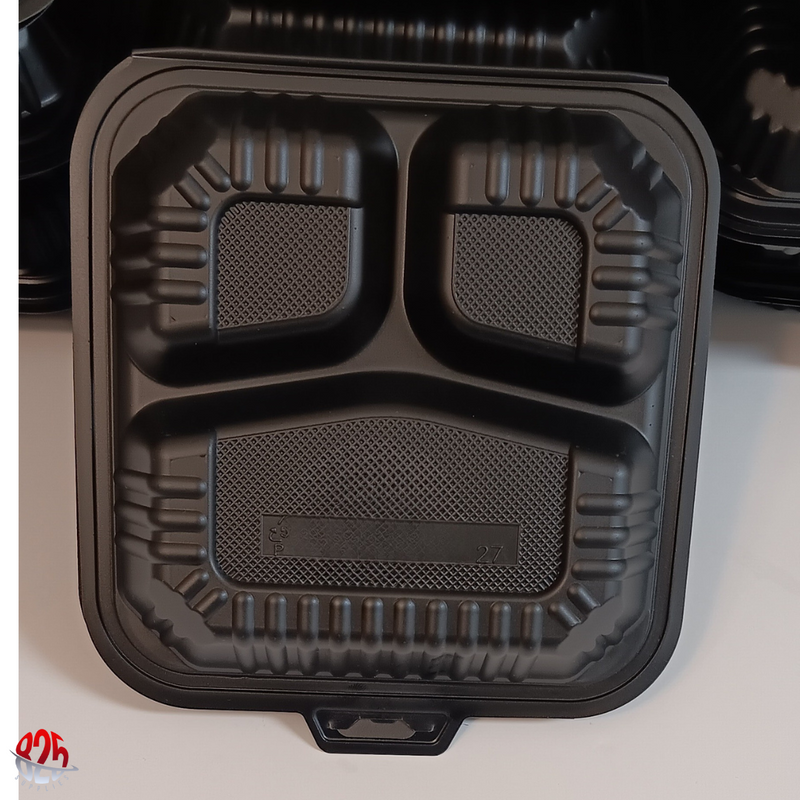 9 x 9 3-Compartment Microwaveable Black Mineral-Filled Plastic Take-Out Container - 150/Case