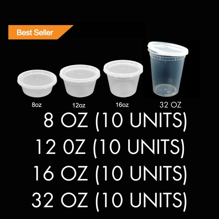 "Multi-Size Deli Container Set 8oz, 12oz, 16oz 32 Clear Plastic Round Buckle-Lid