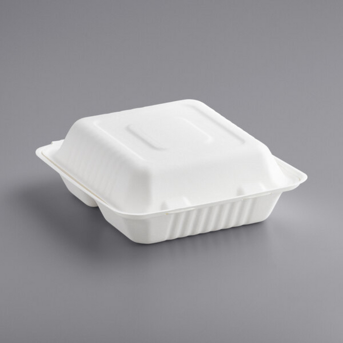 8" x 8" x 3" Compostable Sugarcane / Bagasse 3 Compartment Takeout Container