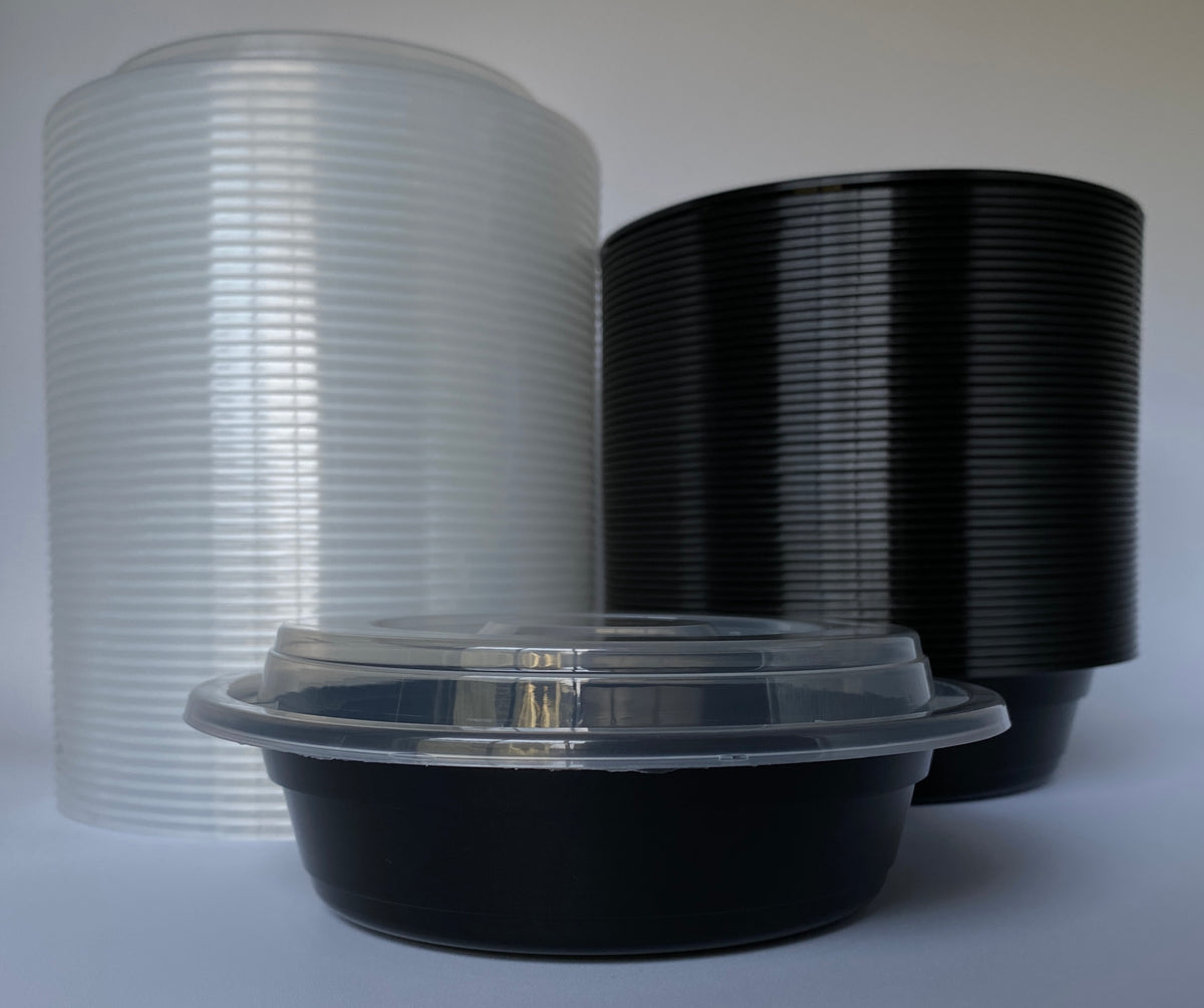 24 oz Black Round Containers with Clear Lids - 150/Case - Microwavable, BPA-Free, Food Storage & Takeout