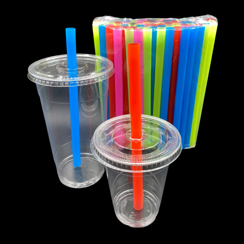 Disposable Clear Plastic Cups with Flat Lids and Straws Cup Smoothies, Disposable Cups for Iced Coffee, Smoothie, Milkshake, Cold Drinks