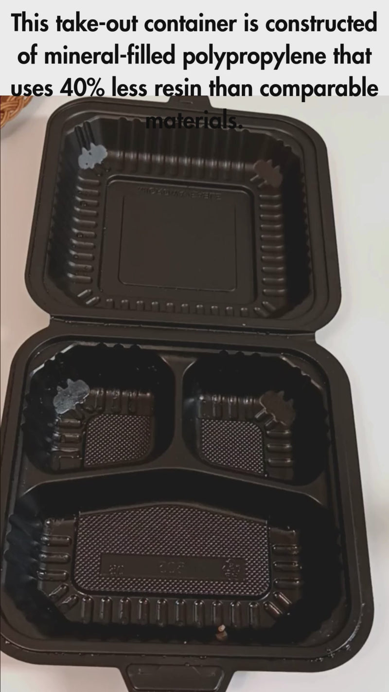 9 x 9 3-Compartment Microwaveable Black Mineral-Filled Plastic Take-Out Container - 150/Case